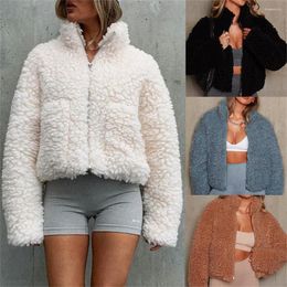 Women's Fur 1Pc Winter Women Lamb Wool Coat Jacket Outdoor Warmth Padded Zip-Up Plush Sweatshirt Clothes