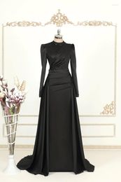 Party Dresses Black Satin Long Sleeve Muslim Prom Women Arabic Dubai Appliques Evening Formal Gown Moroccan Caftan