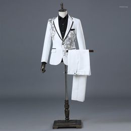Men's Suits & Blazers Mens White Floral Sequin 2 Pieces Jackets Pants Slim Fit One Button Wedding Groom Tuxedo Suit Male Co271y