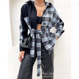 Women's Jackets Wepbel Y2K Casual Shirt Coats Women Long Sleeve Plaid Contrast Color Strap Coat Single Breasted Lace Up