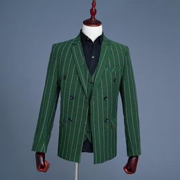 Men's Suits & Blazers Green Boutique Stripe Wedding Dress Suit Three-piece Male Formal Business Plaid Casual Jacket Vest 259S