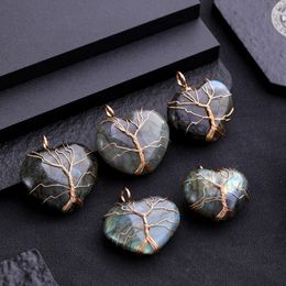 Tree of life wire wrap Heart Pendant Natural Flash Stone Labradorite Moonstone Pendant Divination Spiritual Meditation Charms Jewelry