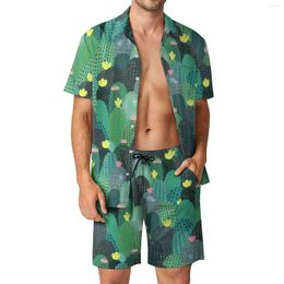 Мужские спортивные костюмы, милые мужские комплекты для отпуска, зеленый кактус, повседневная рубашка, комплект, летние шорты с рисунком, новинка, костюм из 2 предметов, большие размеры 3XL