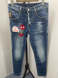 Men's Jeans 2023 Spring/Summer Fashion Water Wash Worn Hole Patch Slim Fit Small Foot Blue Men