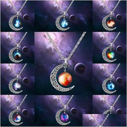 Pendant Necklaces Fashion Galaxy Planet Moon Cabochons Glass World Starry Space Moonstone Charms Necklace For Womens Choker Jewellery Dhf6F