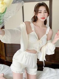 Women's Sleepwear Summer Ice Silk Umbilical Pajamas Girl Sexy Pure Desire Low-cut Suspender Shorts Three-piece Set With Chest Pad Home