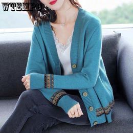 Women s Sweaters WTEMPO Spring Autumn Solid Colour Knitted Cardigan Long Sleeve Korean Loose V Neck Button Coat Female Clothing 230906