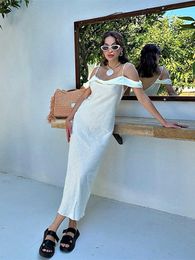 Elegant Party Long Dress Women Sexy See Through Linen Female Vacation Beach Dresses 2023 Solid Off The Shoulder Lady A-line Robe