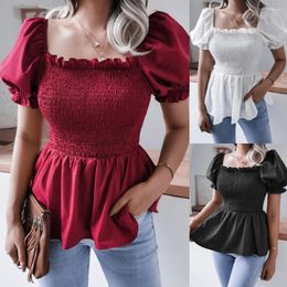 Women's Blouses Summer Casual Lantern Sleeve Hem Chiffon Shirt Top Fashion Solid Color Short Female & Lady Tops