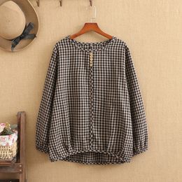 Women's Plus Size TShirt Women Fall And Spring Clothing Trendy Round Collar Shirt Long Sleeves Chequered Pattern Widen and Fatten Large 230905