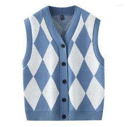 Coletes masculinos homens botões de lã para baixo v pescoço contraste padrão argyle grosso para outono inverno inglaterra estilo moda casual roupas masculinas a196