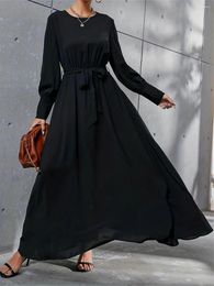 Ethnic Clothing Elegant Eid Abaya Women's Muslim Dress Black Long-Sleeve Simple Robe With Belt Casual Fashion Lady Slim Kaftans For Dubai