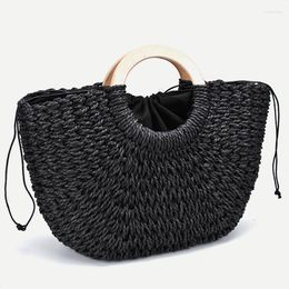 Evening Bags Wooden Handle Round Bucket Straw Bag Handbags Summer Beach Plaited Detail Tote With Drawstring