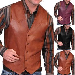 Men's Vests Men Punk Leather Vest V Neck Fishing Motorcycle Jacket Single Breasted Performance Costume Sleeveless Slim Fit Winter Coat Tops 230905