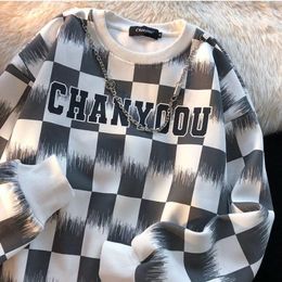 Men's Hoodies Retro Hip-hop T-shirt Checkerboard Plaid O-neck Fleece Sweatshirt For Men Women In Autumn Winter Korean Loose Thickened Jacket