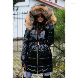 Women's Trench Coats 2023 Winter Trend Waist Collection Mid Length Cotton Coat With Large Wool Collar Hooded Bright Face Fashion Warm