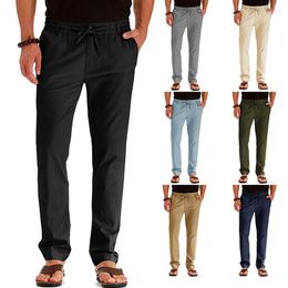 Men's Pants Cotton Linen Pocket Summer Solid Breathable Trousers Male Casual Elastic Waist Fitness Business