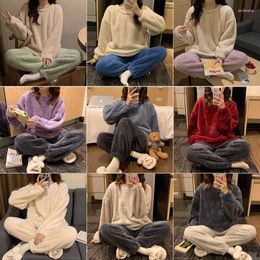 Women's Sleepwear Pajamas For Women Autumn Long-sleeved Coral Fleece Thickened Warm Two Piece Set Pullover Top Trousers Loungewear Pijamas