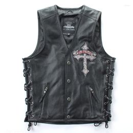 Men's Vests 2023 Male Black Skull Cross Embroidery Genuine Leather Slim Fit Soft Cowhide Biker Vest Vintage Designer Coats Plus Size