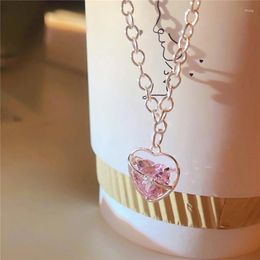 Chains Creative Hollow Sweet Pink Heart Shape Diamond Necklace Pendant Sterling Silver Clavicle Chain Dating Essential Accessories