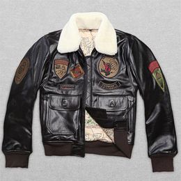 Avirex fur collar genuine leather jacket men brown thick sheepskin flight jacket black men's winter leather coat pilot suit331b
