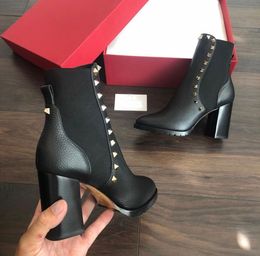 Winter Designer Stud Ankle Boots Women Black Wine-red Grainy Leather Chunky Sole Martin Booties Lady High Heel Party Dress Red Designer Motorcycle Boot