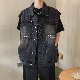 Men's Vests Printed Denim Vest Retro Washed Loose Outer Coat Turndown Collar Sleeveless Single-breasted Pockets Cowboy