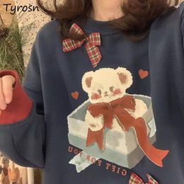 Women's Hoodies Sweet Cute O-neck Sweatshirts Women Loose Bow Print Vintage Christmas Clothing Mori Girls Chic Warm