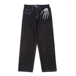Men's Jeans Dark Skeleton Embroidered Ins High Street Logo Loose Wide Leg Pants Trend Casual Straight Cuffless Trousers