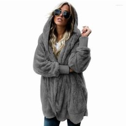 Women's Fur Faux Coat Women 2023 Autumn Winter Warm Soft Long Jacket Outwear Plush Overcoat Pocket Open Stitch Cardigan With Hood