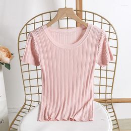 Women's Sweaters GGRIGHT Ice Silk Summer Knitted Pullover Women O-Neck Sweater Shirt Female All-match Basic Short Sleeve Tops Clothing 2023