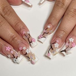 False Nails Press On Long Tube Fake Light Pink White French 3D Butterfly Flower Decoration Artificial With Adhesive