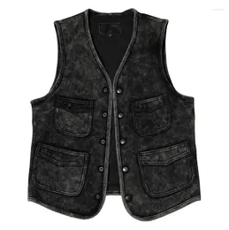 Men's Vests Western Vintage Leather Vest Cowhide Genuine Sleeveless Jackets Black Casual Biker Waistcoat