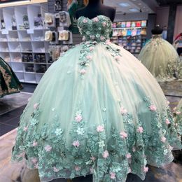 Light Green Sweetheart Quinceanera Dresses Sweet 16 Prom Evening Gowns Off Shoulder Applique Lace Tull Vestidos De 15 Anos Ball Gown
