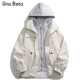 Mens Jackets Una Reta Hooded For Men Autumn Streetwear Hip Hop Fake Two Pieces Coat Clothing Harajuku Loose Couple 230905