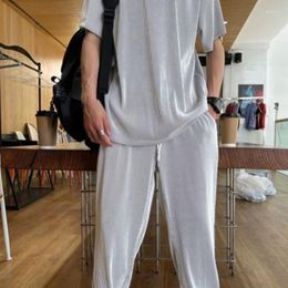 Men's Tracksuits 2023 Summer Tracksuit Sets Men Outfit Solid Ice Silk Draped Short Sleeve Tops Long Pant Loose Casual Suits
