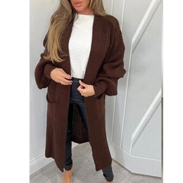 Womens Sweaters Roupas Sólidas Malhas Elegantes Lanterna Manga Bolso Cardigan Casacos Commuting Senhoras Long Sweater Outerwear Outono Inverno 230905