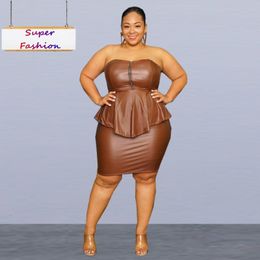 Women's Plus Size Tracksuits XL5XL Skirt Two Piece Set Clothing Sexy Club PU Tube Top Hip Wrap Sleeveless Bodycon Lady Outfit Drop 230906