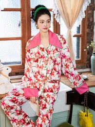 Women's Sleepwear TXii Pink Flower Sea Pyjamas Set Spring And Autumn Ice Silk Satin Large Lapel Waist Lace-Up Elegant Home Clothes