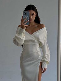 Sexy Deep V-neck Party Dress Elegent Satin Off The Shoulder Maxi Female Evening Dresses 2023 Autumn Long Sleeve High Split Robe