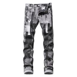 Men's Jeans Mens Fashion Casual Style Grey Pattern Printed Slim Traight Stretch Denim Pants For Men266L