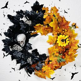 Other Event Party Supplies Halloween Wreath Decoration for Front Door 45CM Gothic Skull Sunflower Spliced Garland Harvest Festival Horror Party DIY Decor 230905