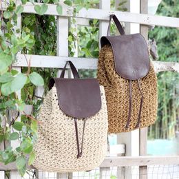 School Bags Girl Pu Leather Cover Straw Backpack Leisure Woven Bag Knitting Backpacks Beach For Ladies Travel Holiday