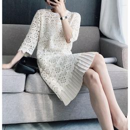 Casual Dresses Lace Dress Women Style Large Size Clothing Loose Temperament Hollow Sleeve Mid-length A-line White
