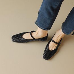 Dress Shoes Phoentin Lady Cosy Mary Janes Retro Square Toe Weave Flats 2023 Women Low Heels Genuine Leather Party Pumps FT2787