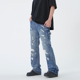 Men's Jeans Vibe Blue Ripped Flared Mens Y2k Womens High Street Hip Hop Destroyed Washed Harajuku Casual Slim Fit Denim Jean