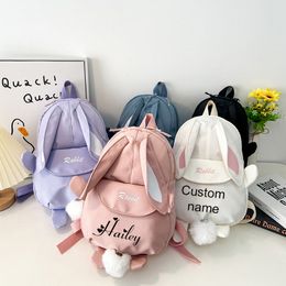 Backpacks Personalised Kawaii Bunny Backpack for Girls with Cute Rabbit Ears and Fluffy Bear Pendant School Bookbag Kids 230906