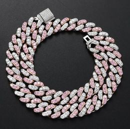 12mm Iced Pink cuban Choker Necklace Silver rose Gold Cuban Link With White Pink Diamonds Cubic Zirconia Jewellery ZZ