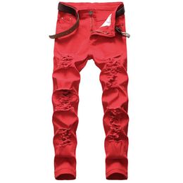 Denim Jeans Men Slim Pants Mens Denim Trousers Zipper Red Hole Pencil Pants Jeans for Man Straight Full Length271I