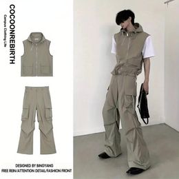 Men's Tracksuits Summer Casual Set Men Women Multi-Pocket Hooded Sleeveless Shirt Spring Loose Solid Color Cargo Pants Two Piece 2023